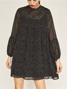 Zara Black Polka Dot Sheer Sleeve Mini Dress